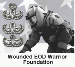 Wounded EOD Warrior Foundation EOD Tech in Bomb Suit with EOD Badges displayed on the left